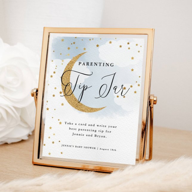 Över den blå föräldratipporten Barnshuggel i Måne Poster (Over the Moon Blue, Parenting Tip Jar Display Sign for Baby Shower)