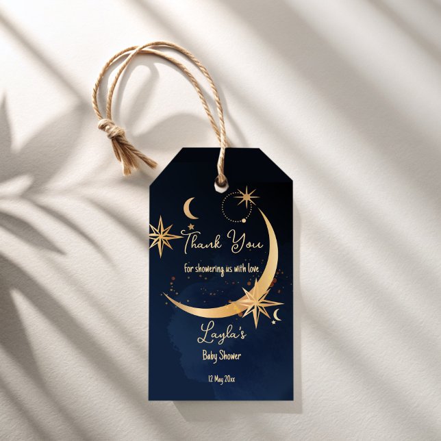 Över den celestial himlar babyduschen i måne presentetikett (Over the moon celestial sky baby shower gift tags)