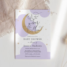 Över den gyllene månen lila baby shower inbjudan