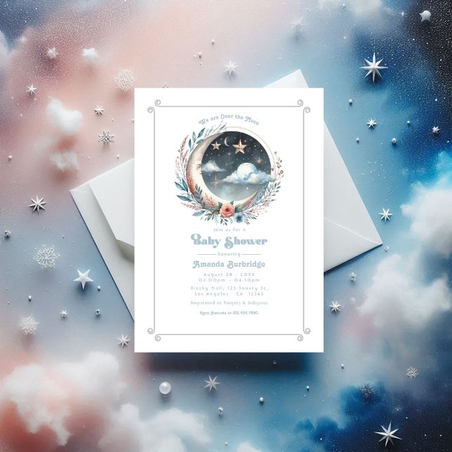 Över den kelestiala babyduschen i Måne Inbjudningar (Over the Moon Celestial Baby Shower Invitation)