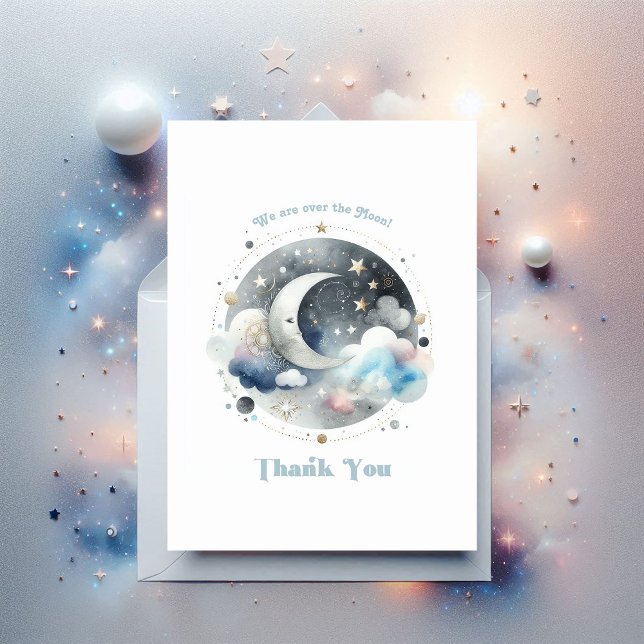 Över den kelestiala babyduschen i Måne Tack Kort (Over the Moon Celestial Baby Shower Thank You Card)