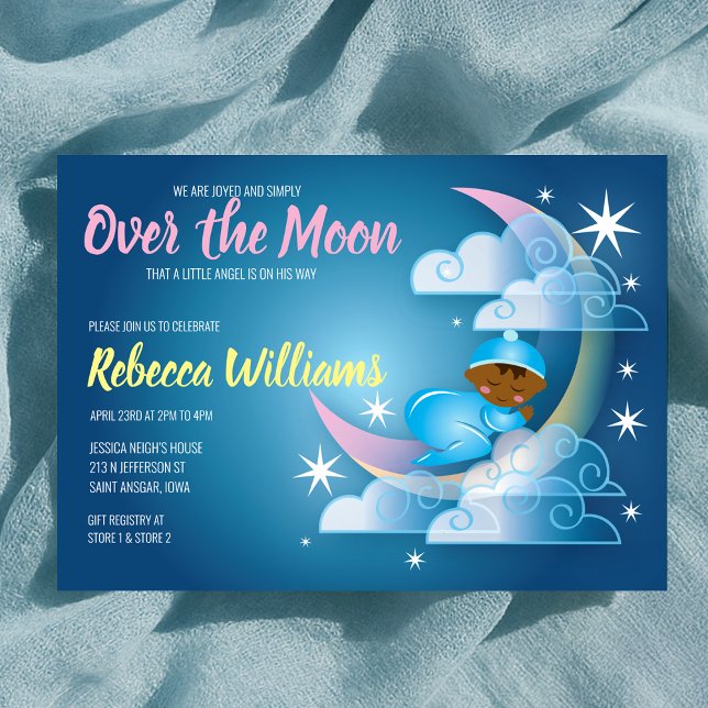 Över den Måne-galna babyskåran - Mörkare skal Inbjudningar (Over The Moon Cradled Baby Shower - Darker Skin Invitation)