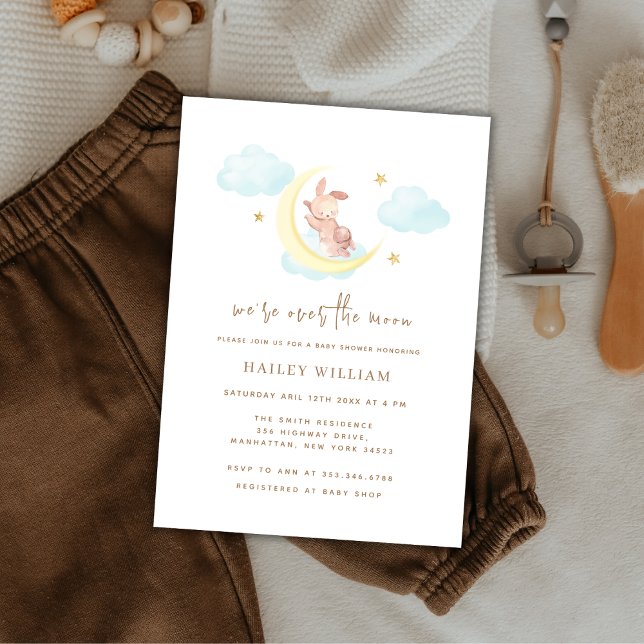 Över den minimalistiska lilla babyskaren över Måne Inbjudningar (Over The Moon Minimalist Little Bunny Baby Shower Invitation)