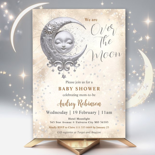 Över den neutrala babyskåran i Måne Inbjudningar (Over The Moon Gender Neutral Baby Shower Invitation)