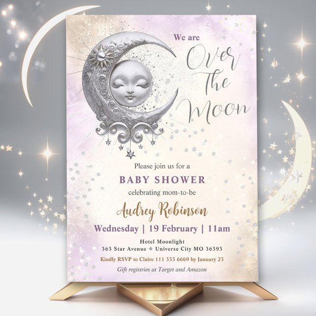Över den neutrala Lilan Babykläder i Måne Inbjudningar (Over The Moon Gender Neutral Purple Baby Shower Invitation)