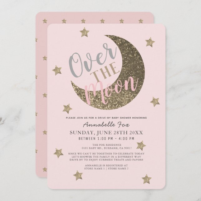 Över den  Rosa-disken för babyskor vid Måne Inbjudningar (Fram/baksida)