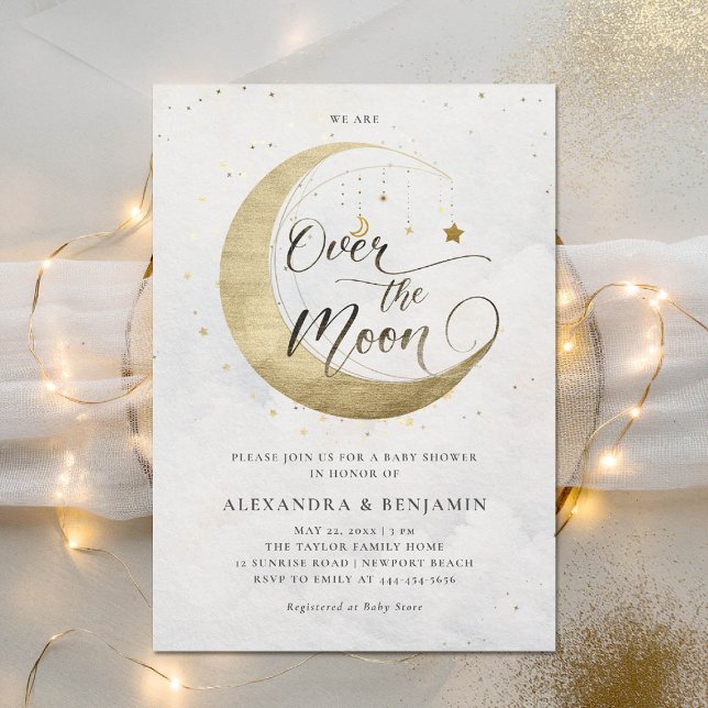 Över den vita Dreamy Himmel babyskaren Måne Guld Inbjudningar (over the moon baby shower invitation gold stars sky dreamy celestial galaxy twinkle)