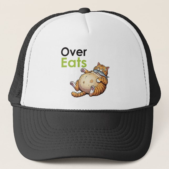 Over Eats - Funny Fat Cat Eating Fish Cartoon Keps (Framsida)