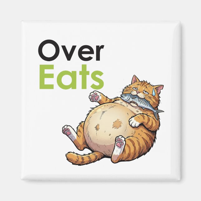 Over Eats - Funny Fat Cat Eating Fish Cartoon Magnet (Framsidan)