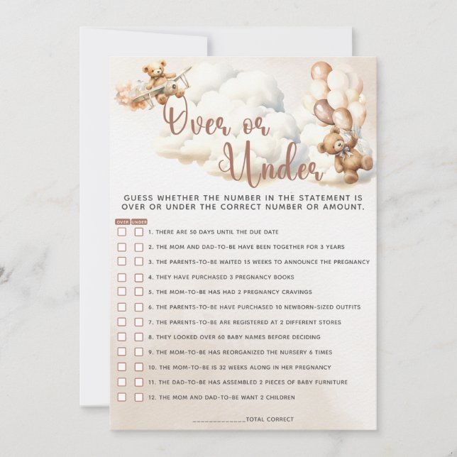 ÖVER ELLER UNDER Baby Shower Game Söt Björn Ballon Inbjudningar (Framsida)