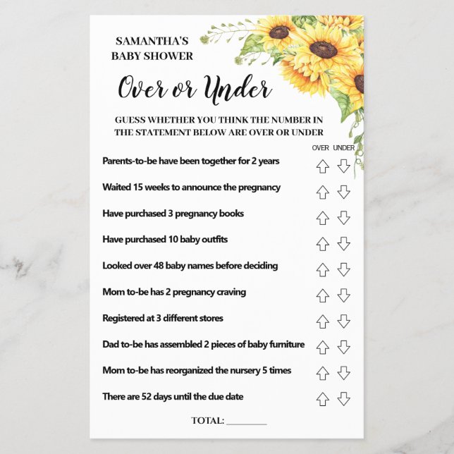 Över- eller under babyduschens tvåspråkiga spelkor flygblad (Framsidan)