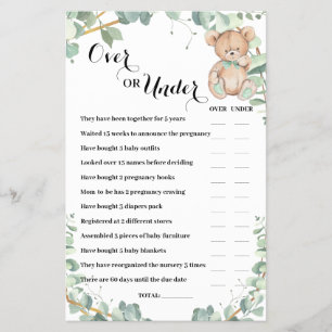 Över- eller under Bear Greenery Baby Shower Game C Flygblad