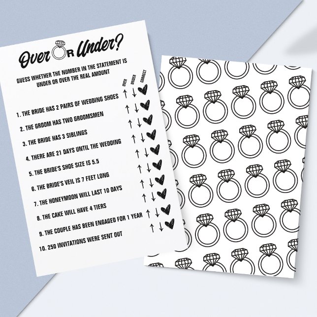 Över- eller under Bröllop-spel, Möhippa-aktivitet (Fun Over or Under Wedding Game - Printable Bridal Shower Activity!)