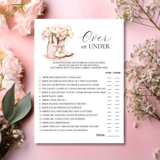 ÖVER- ELLER UNDER Bubbelbildat Möhippa GAME Inbjudningar (OVER or UNDER Boots Bubbly Bridal Shower GAME Invitation)