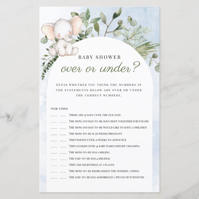 Över eller under Elefant Blå Baby Shower Spel (Framsida)