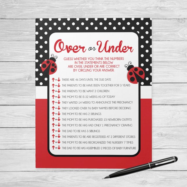 Över- eller under Ladybug Baby Shower Game Pack Anteckningsblock (Ladybug Over or Under Baby Shower Game)