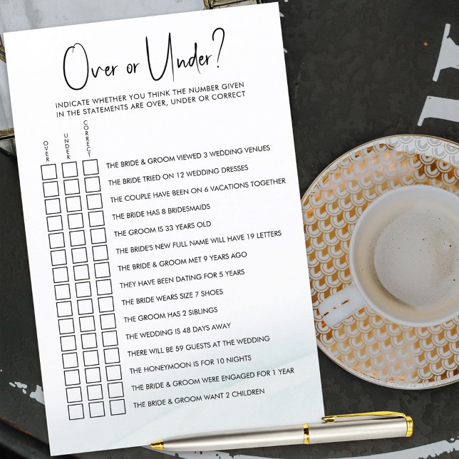 Över- eller under Möhippans Grönt för spel Tvättar (Over or Under bridal shower guessing game for guests)