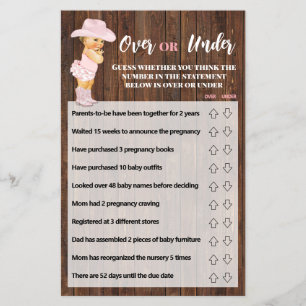 Över- eller under Rosa Cowgirl Baby Shower Game Ca Flygblad