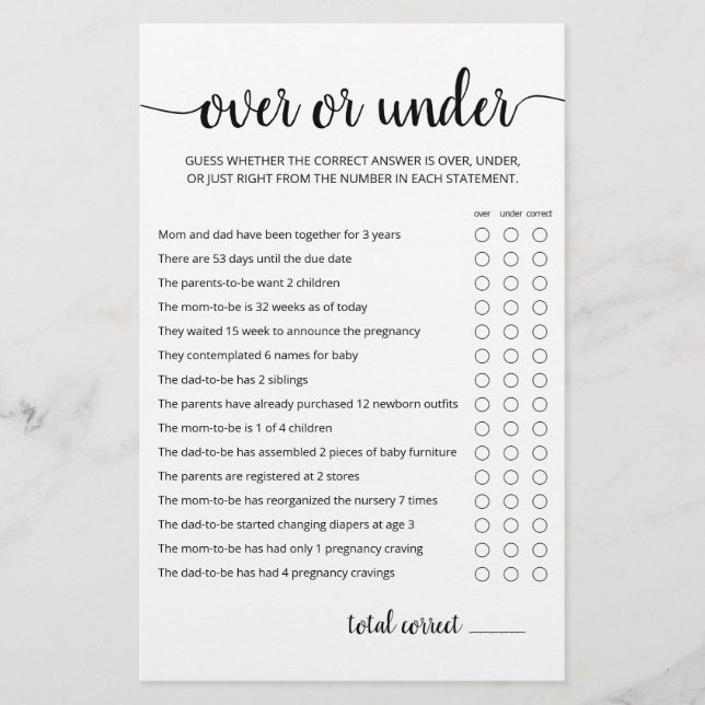 Över eller under spel Baby Shower sällskapsspel (Framsida)