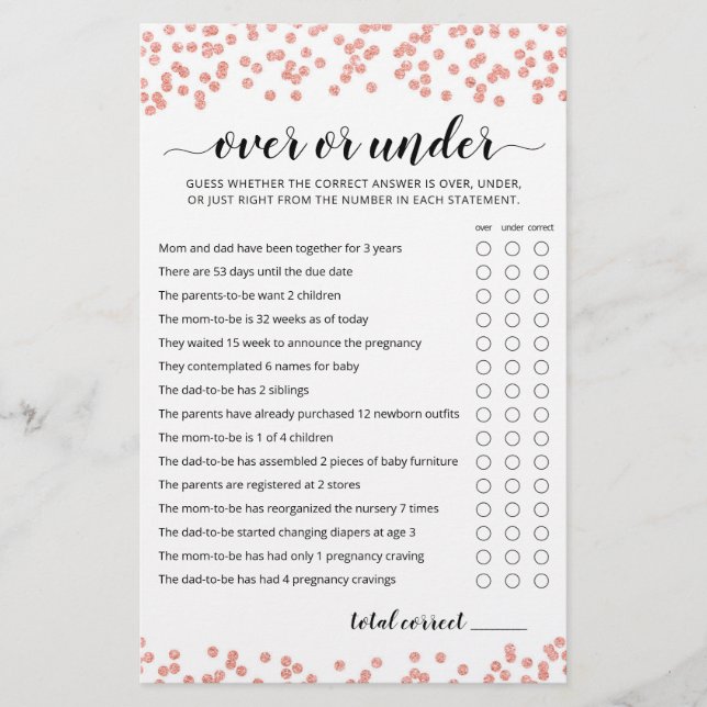 Över eller under spel Baby Shower sällskapsspel (Framsida)