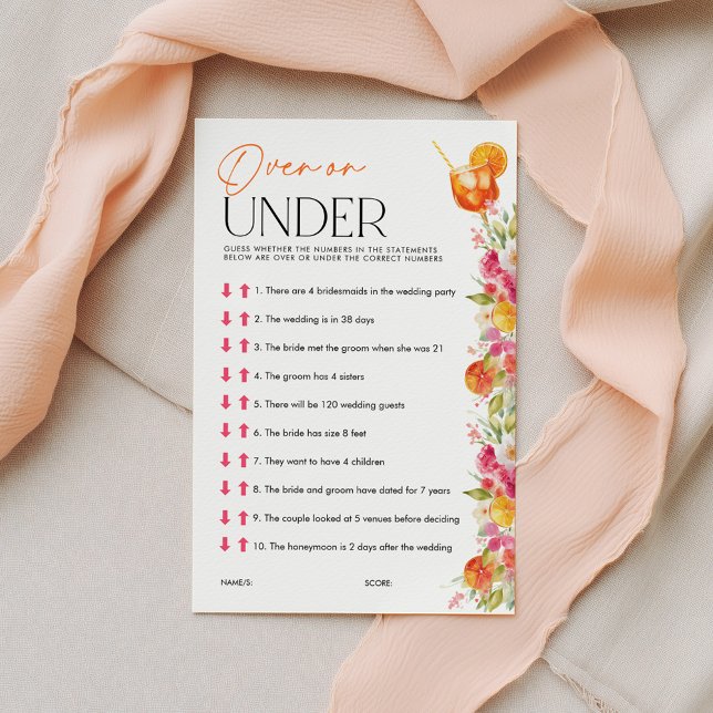 Över eller under Spritz Bröllopsduschspel (Over or Under? Love at First Spritz | Bright Floral Citrus Bridal Shower)