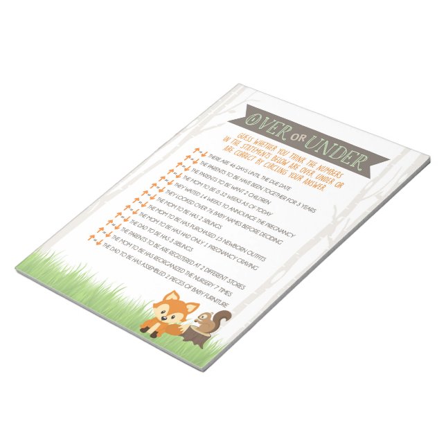 Över- eller under Woodland Fox Baby Shower Game Pa Anteckningsblock (Vinklad)