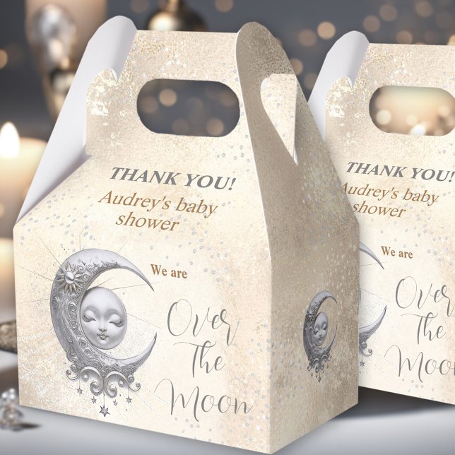 Över favoritrutan för babyskor i Neutralten Måne Presentaskar (Over The Moon Neutral Baby Shower Favor Box)