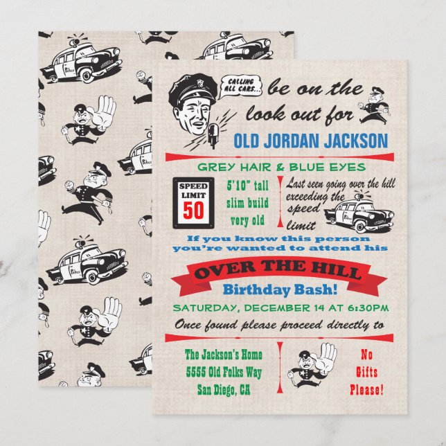 Över födelsedagsinbjudan till poliskåren i Backe Inbjudningar (Fram/baksida)