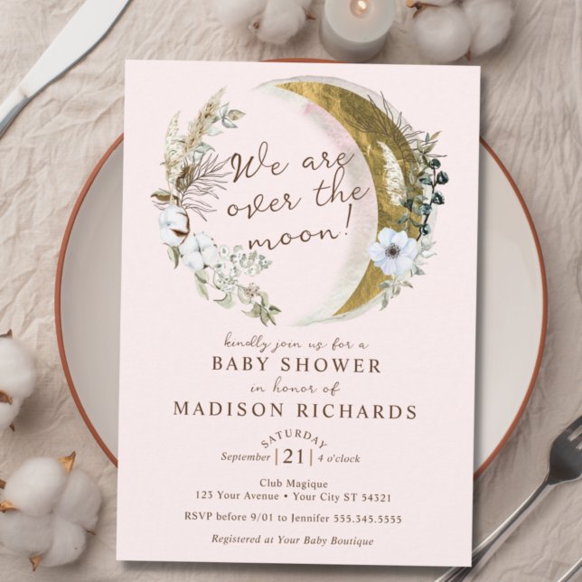 Över Guld Måne Dreamy Boho Rosa Baby Shower Inbjudningar (Skapare uppladdad)