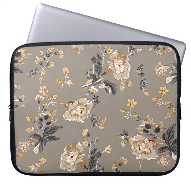 Över hela blommor mönster på bruna bottenblommor laptop fodral (Framsidan)