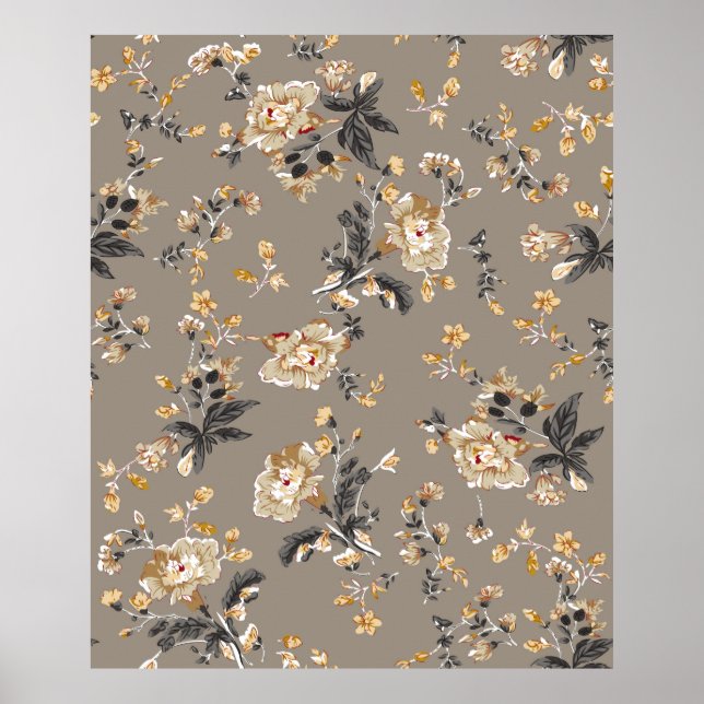 Över hela blommor mönster på bruna bottenblommor poster (Framsidan)