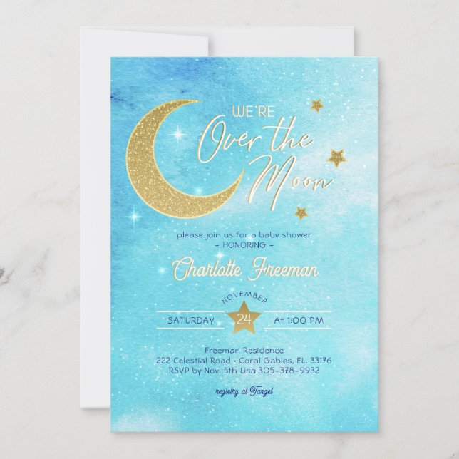 Över inbjudan till Måne Boy Baby Shower - Blue (Framsida)