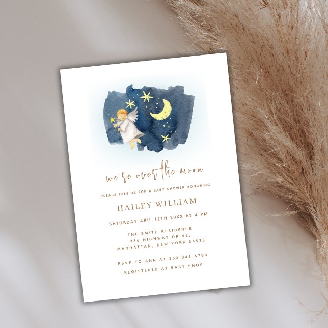 Över Måne Angel Måne Star Baby Shower Inbjudningar (Over The Moon Angel Moon Star Baby Shower Invitation)