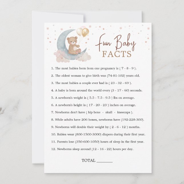 Över Måne babybilderna Roligt Baby Facts Game Card Inbjudningar (Framsida)