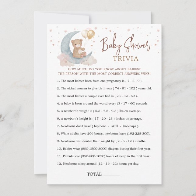 Över Måne-babyskaren Baby Trivia-spelkortet Inbjudningar (Framsida)