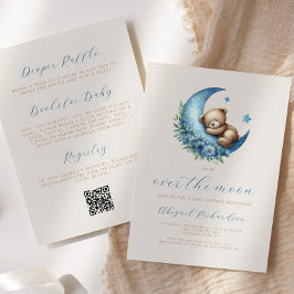 Över Måne Bear Blue Boy QR Code Baby Shower Inbjudningar