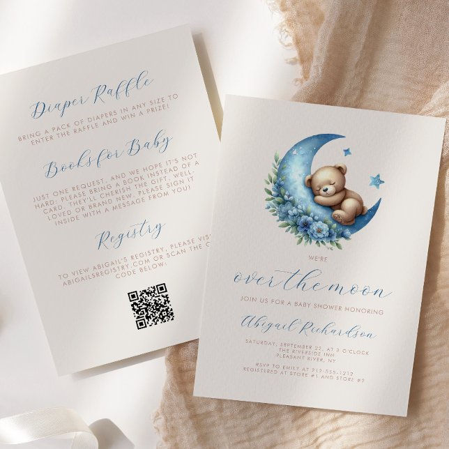 Över Måne Bear Blue Boy QR Code Baby Shower Inbjudningar (Skapare uppladdad)