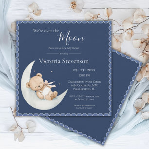 Över Måne Bear Navy Blue Baby Shower