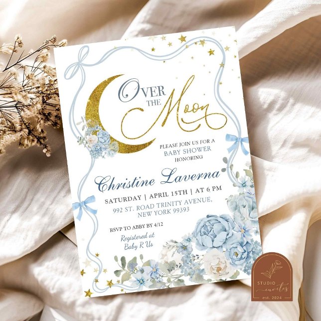 Över Måne Blue Bow Hydrangea Baby Shower Inbjudningar (Skapare uppladdad)