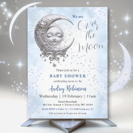 Över Måne Blue Boy Baby Shower Inbjudningar