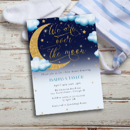 Över Måne Blue Boy Baby Shower Inbjudningar
