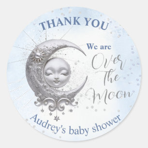 Över Måne Blue Boy Baby Shower Runt Klistermärke