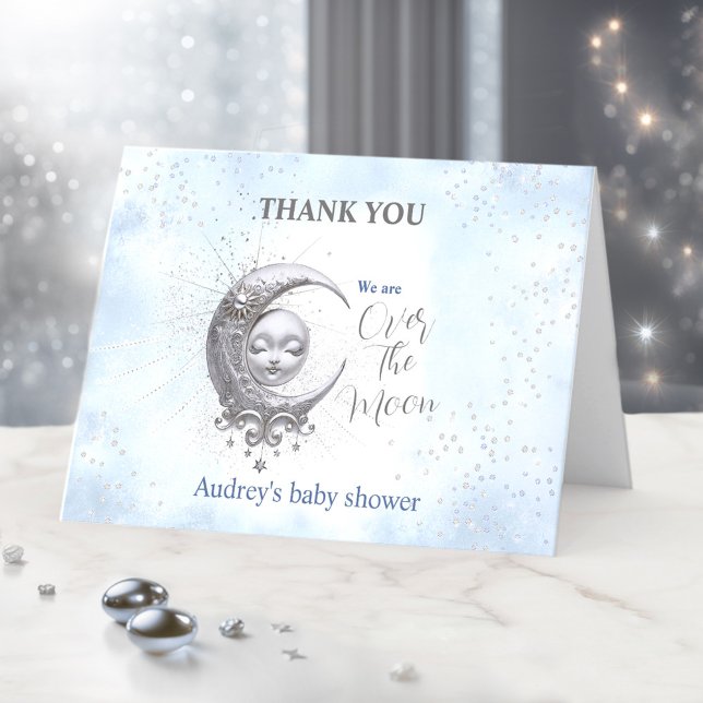 Över Måne Blue Boy Baby Shower - tackkort (Over The Moon Blue Boy Baby Shower Thank You Card)