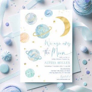 Över Måne Blue Boy Space Baby Shower Inbjudningar