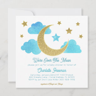 Över Måne Blue Guld Baby Shower Inbjudan