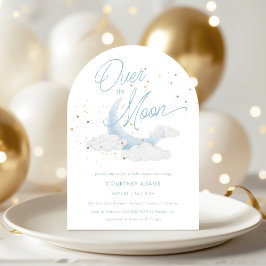 Över Måne Blue Guld Stars Baby Shower Inbjudningar
