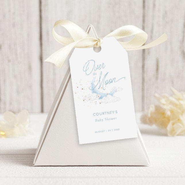 Över Måne Blue Guld Stars Baby Shower Presentetikett (Skapare uppladdad)