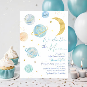 Över Måne Blue Pastel Space Baby Shower Inbjudningar