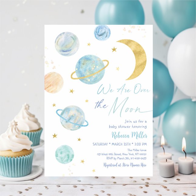Över Måne Blue Pastel Space Baby Shower Inbjudningar (Skapare uppladdad)