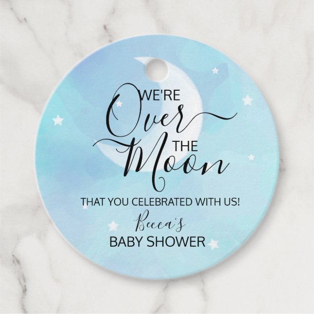 Över Måne Blue Tack Baby Shower Gåvor Etiketter (Framsida)